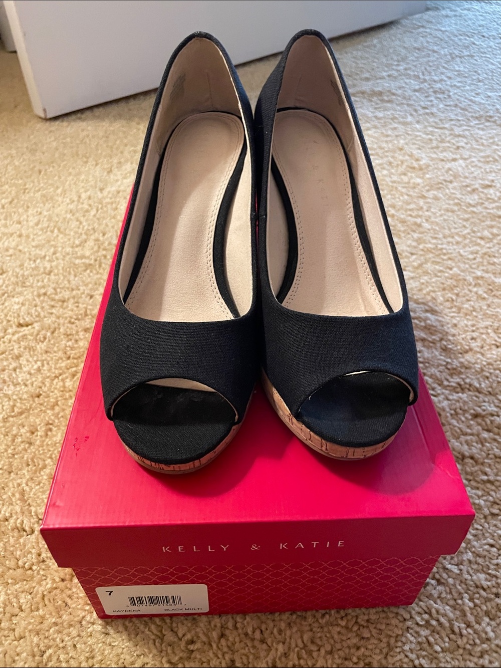 Kelly & Katie Black Peep-Toe Cork Wedge Heels